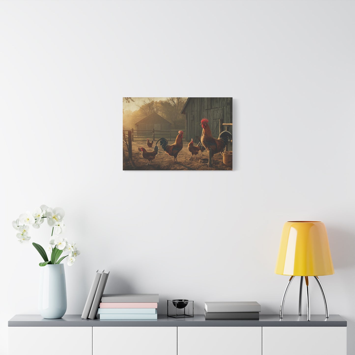 Rooster Farmhouse Canvas Print – Rustic Morning Barnyard Wall Art