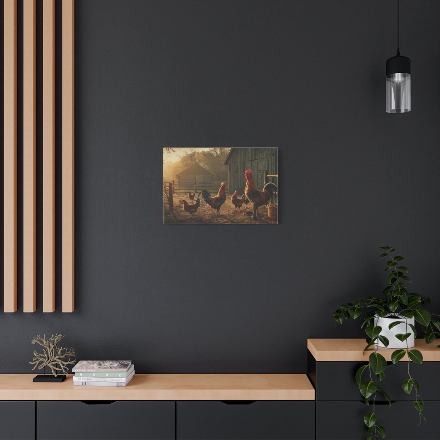 Rooster Farmhouse Canvas Print – Rustic Morning Barnyard Wall Art