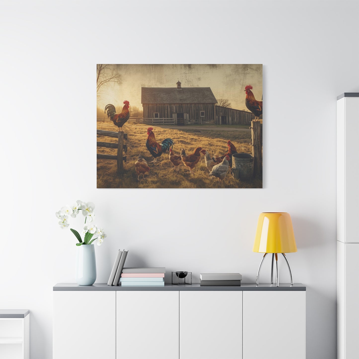 Rustic Morning Rooster Farm Matte Canvas Print