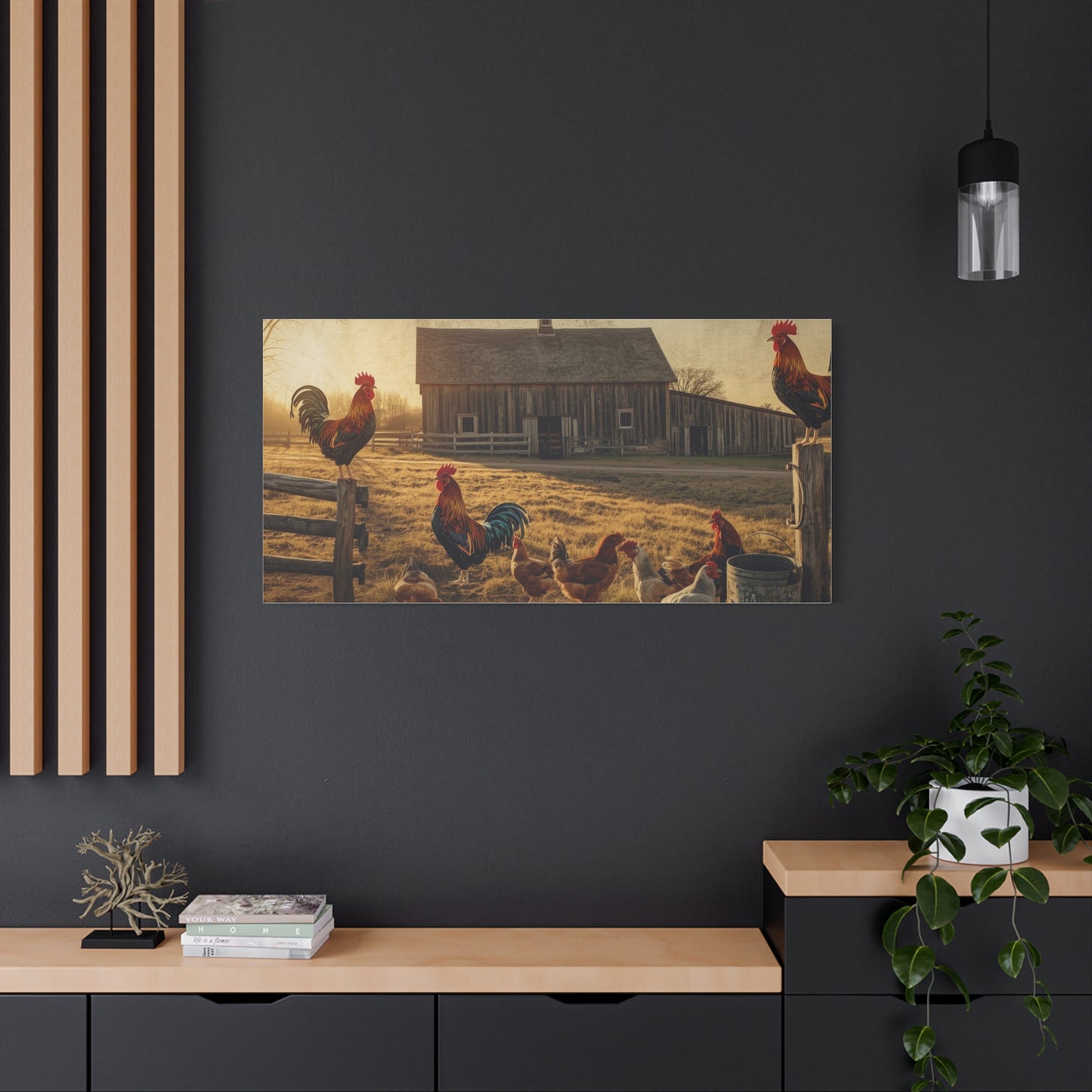 Rustic Morning Rooster Farm Matte Canvas Print