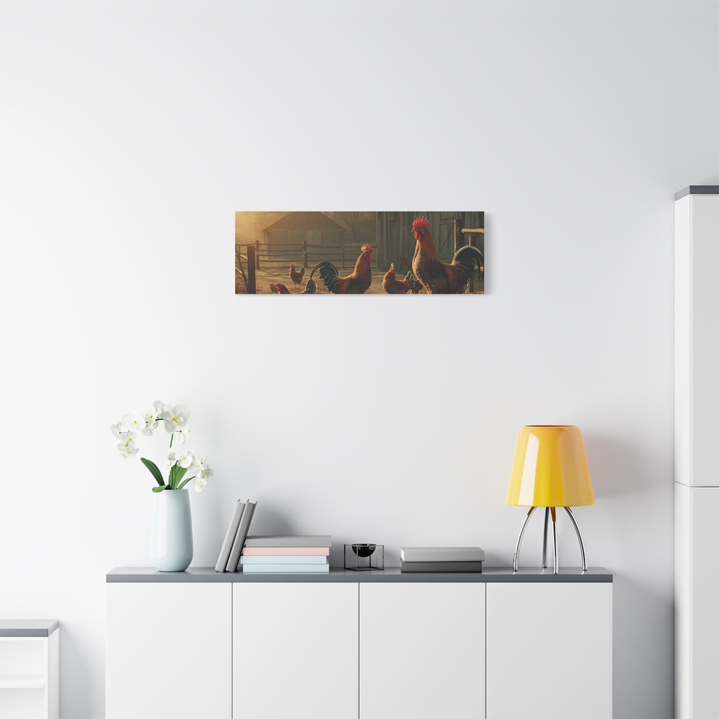 Rooster Farmhouse Canvas Print – Rustic Morning Barnyard Wall Art