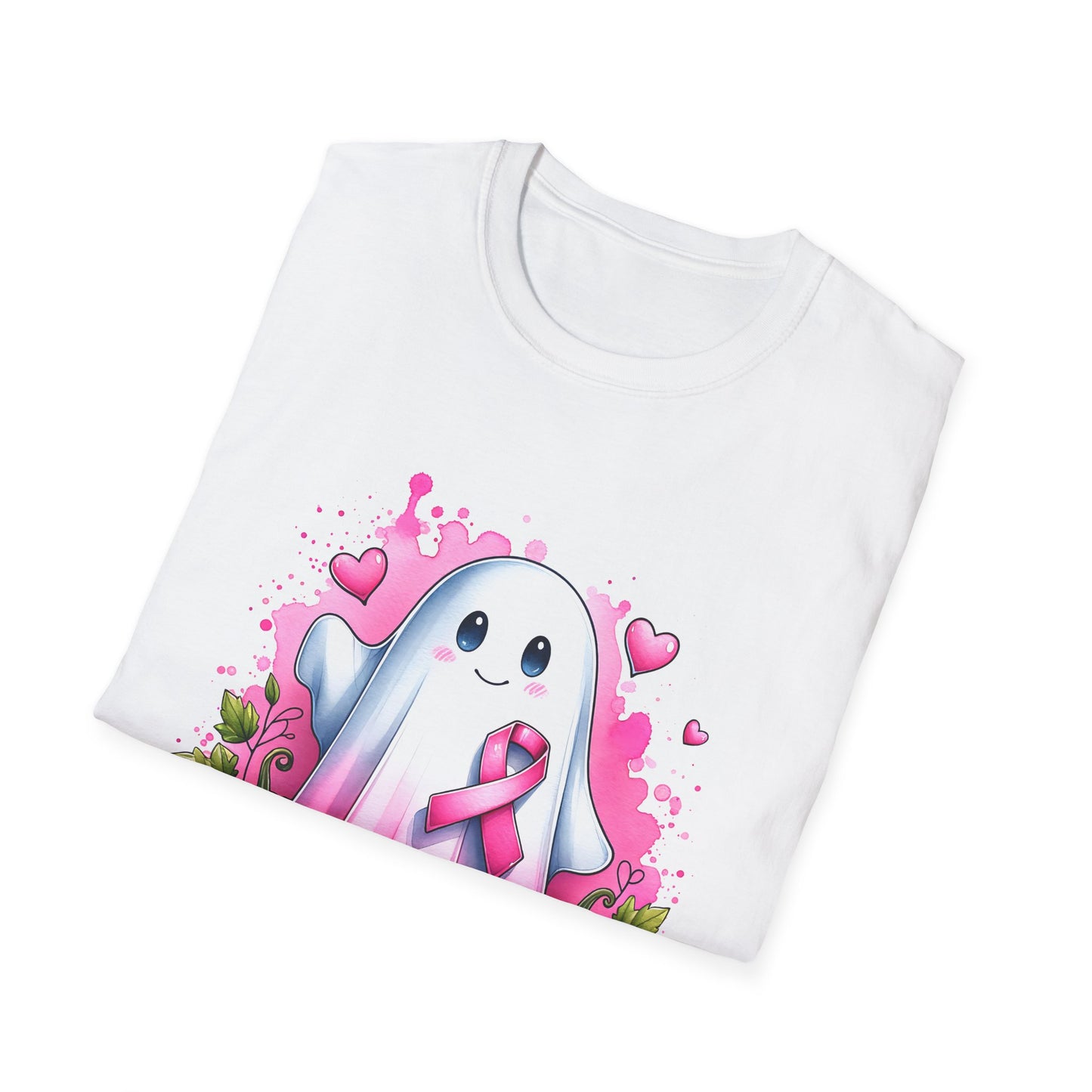 Cute Ghost Breast Cancer Awareness T-Shirt for October, Halloween Tee, Unisex Softstyle Shirt, Fall Fashion, Spooky Season