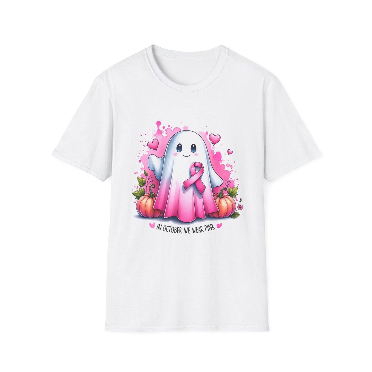 Cute Ghost Breast Cancer Awareness T-Shirt for October, Halloween Tee, Unisex Softstyle Shirt, Fall Fashion, Spooky Season