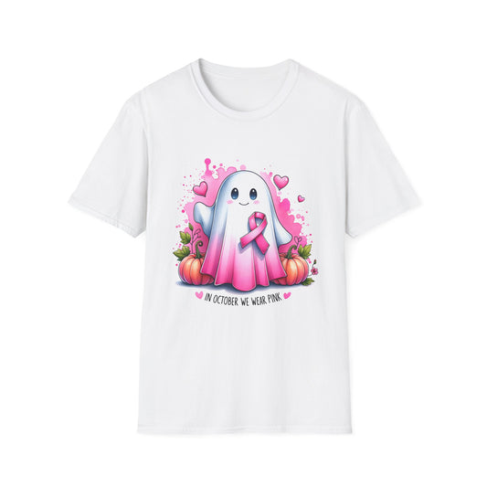 Cute Ghost Breast Cancer Awareness T-Shirt for October, Halloween Tee, Unisex Softstyle Shirt, Fall Fashion, Spooky Season