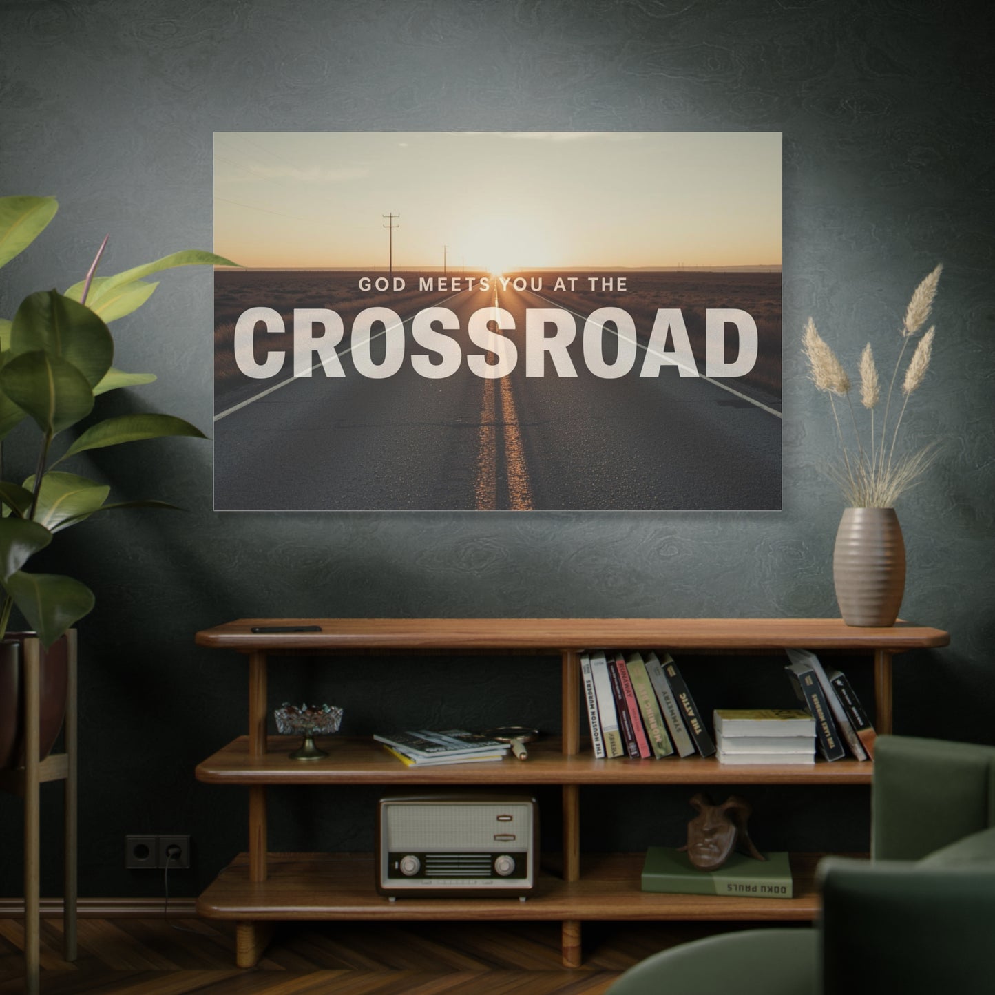 Crossroad Inspirational Canvas Print — “God Meets You at the Crossroad” Sunset Wall Art