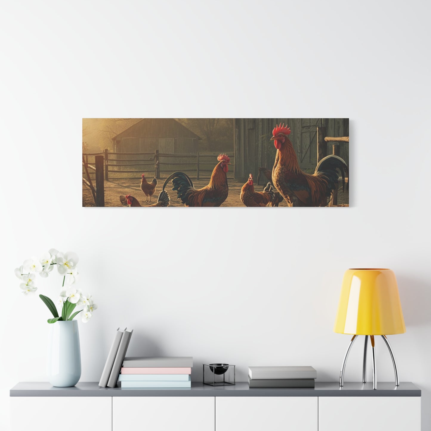 Rooster Farmhouse Canvas Print – Rustic Morning Barnyard Wall Art