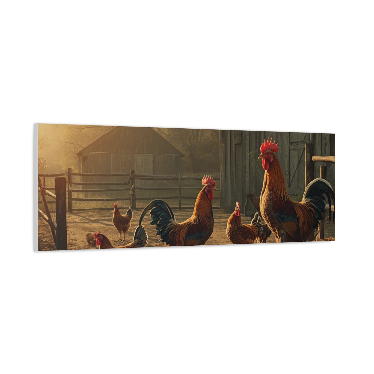 Rooster Farmhouse Canvas Print – Rustic Morning Barnyard Wall Art