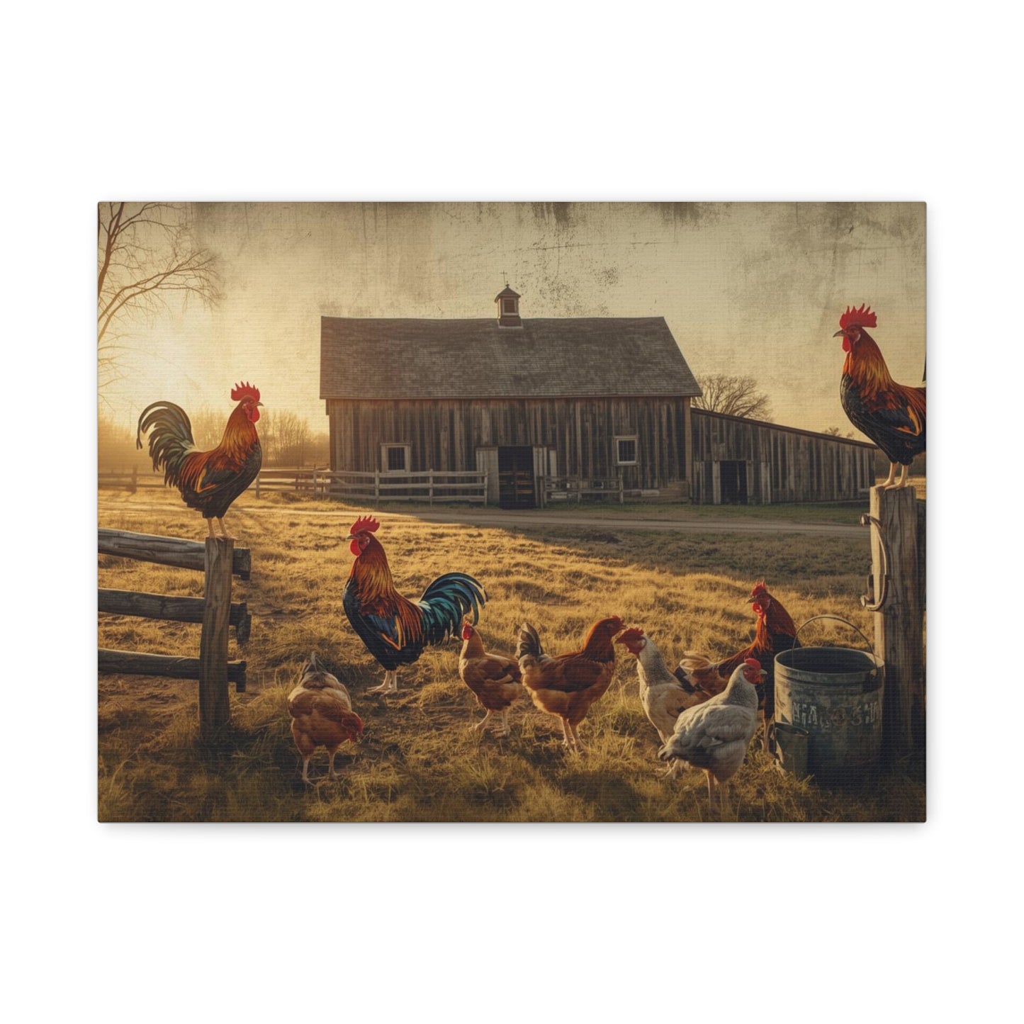 Rustic Morning Rooster Farm Matte Canvas Print