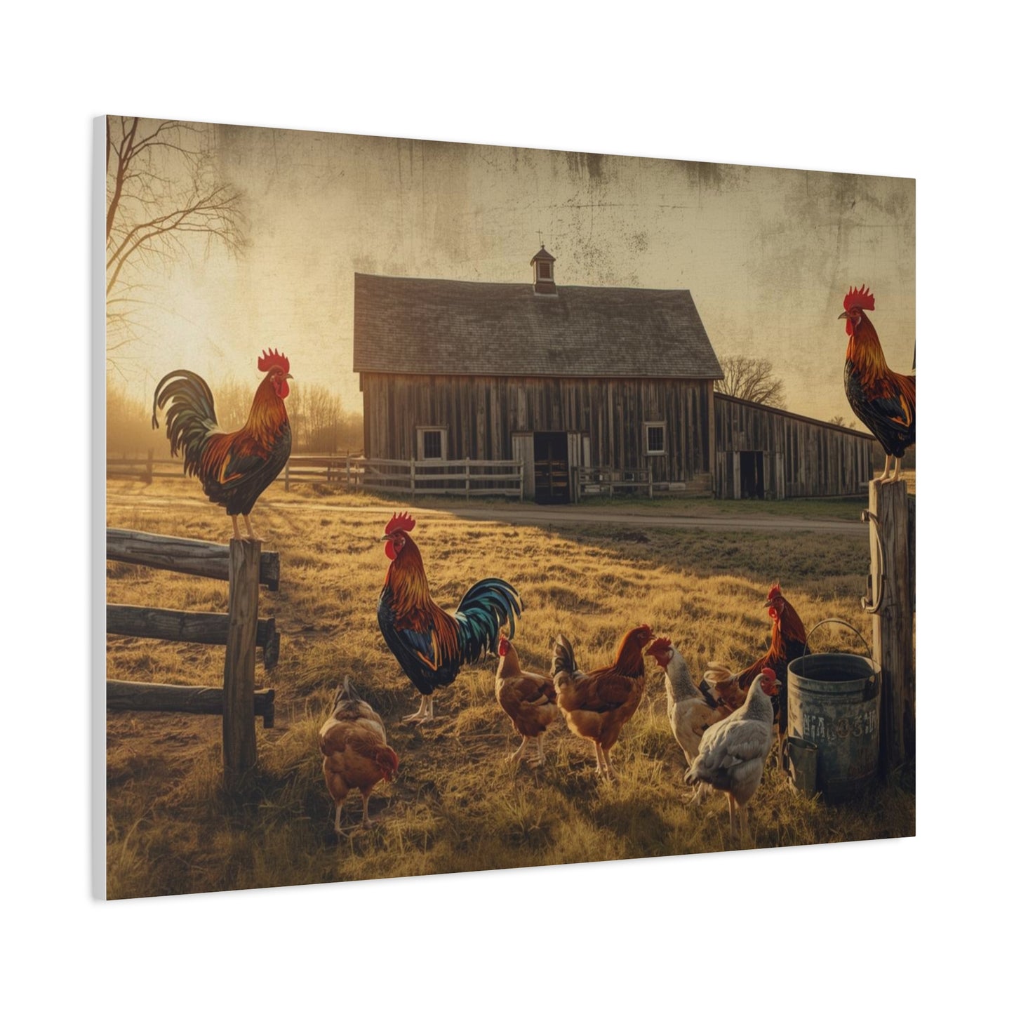 Rustic Morning Rooster Farm Matte Canvas Print