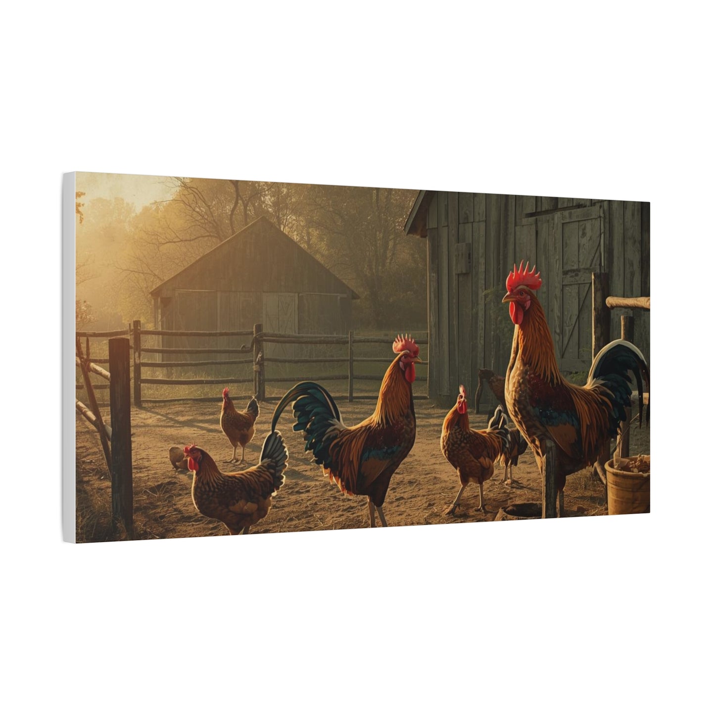 Rooster Farmhouse Canvas Print – Rustic Morning Barnyard Wall Art