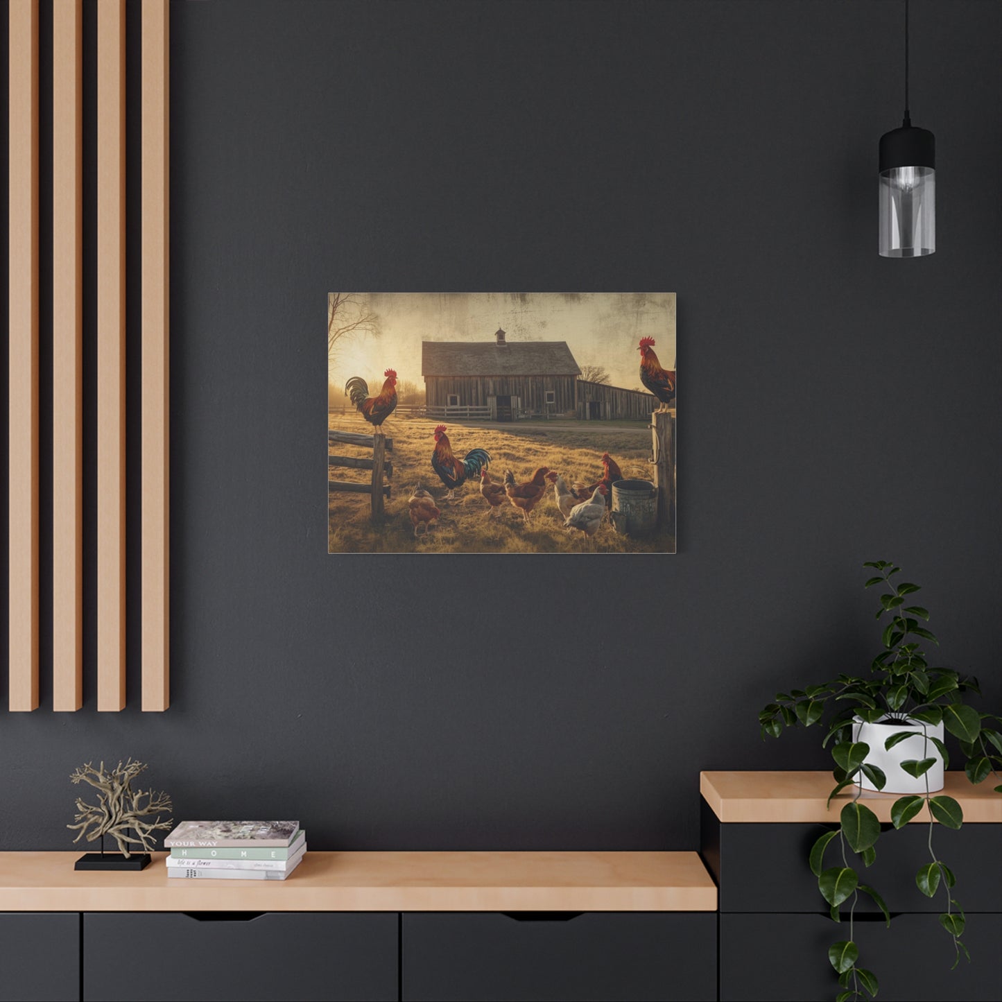 Rustic Morning Rooster Farm Matte Canvas Print
