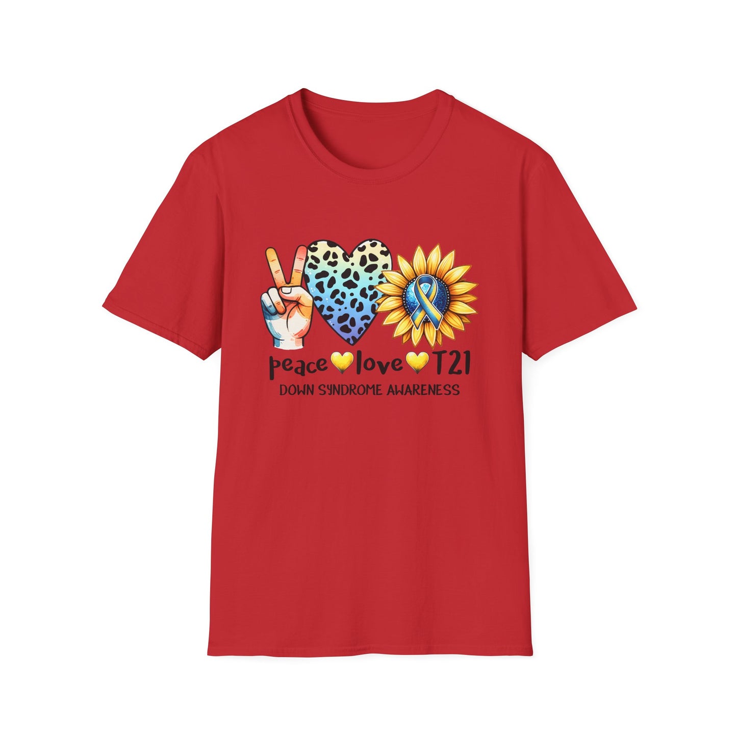 Down Syndrome Awareness T-Shirt, Unisex Graphic Tee, Peace Love T21 Casual Wear, Gift for Awareness Month, Sunshine Heart Design