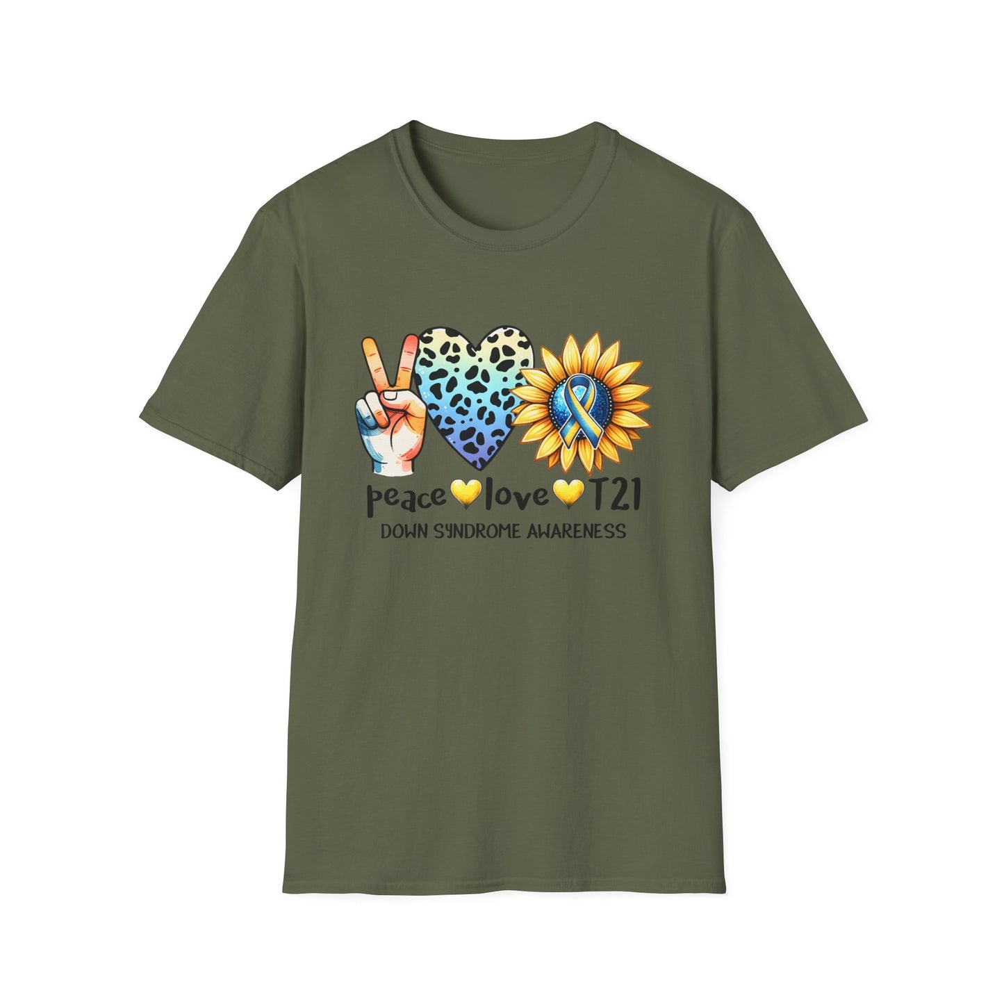 Down Syndrome Awareness T-Shirt, Unisex Graphic Tee, Peace Love T21 Casual Wear, Gift for Awareness Month, Sunshine Heart Design