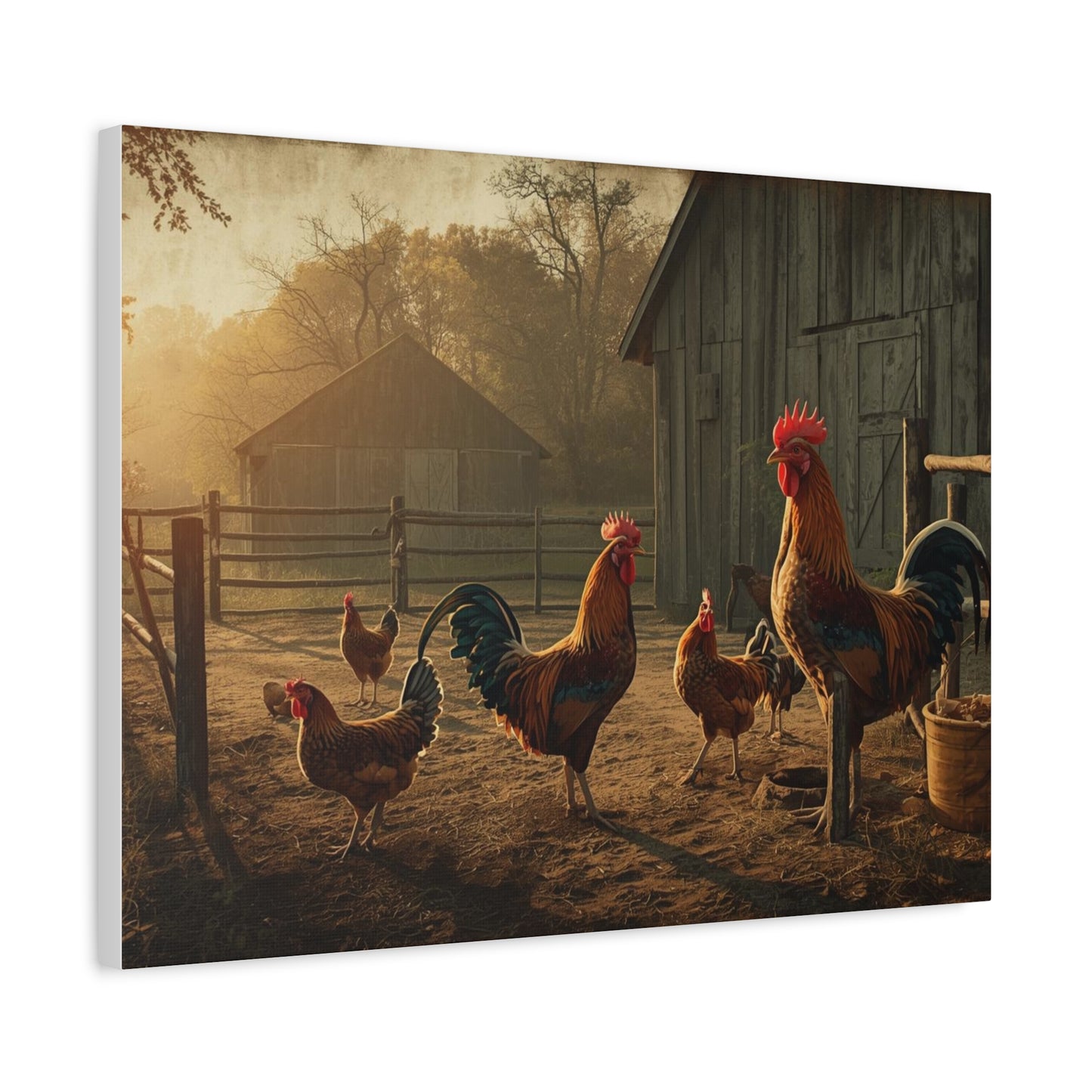 Rooster Farmhouse Canvas Print – Rustic Morning Barnyard Wall Art