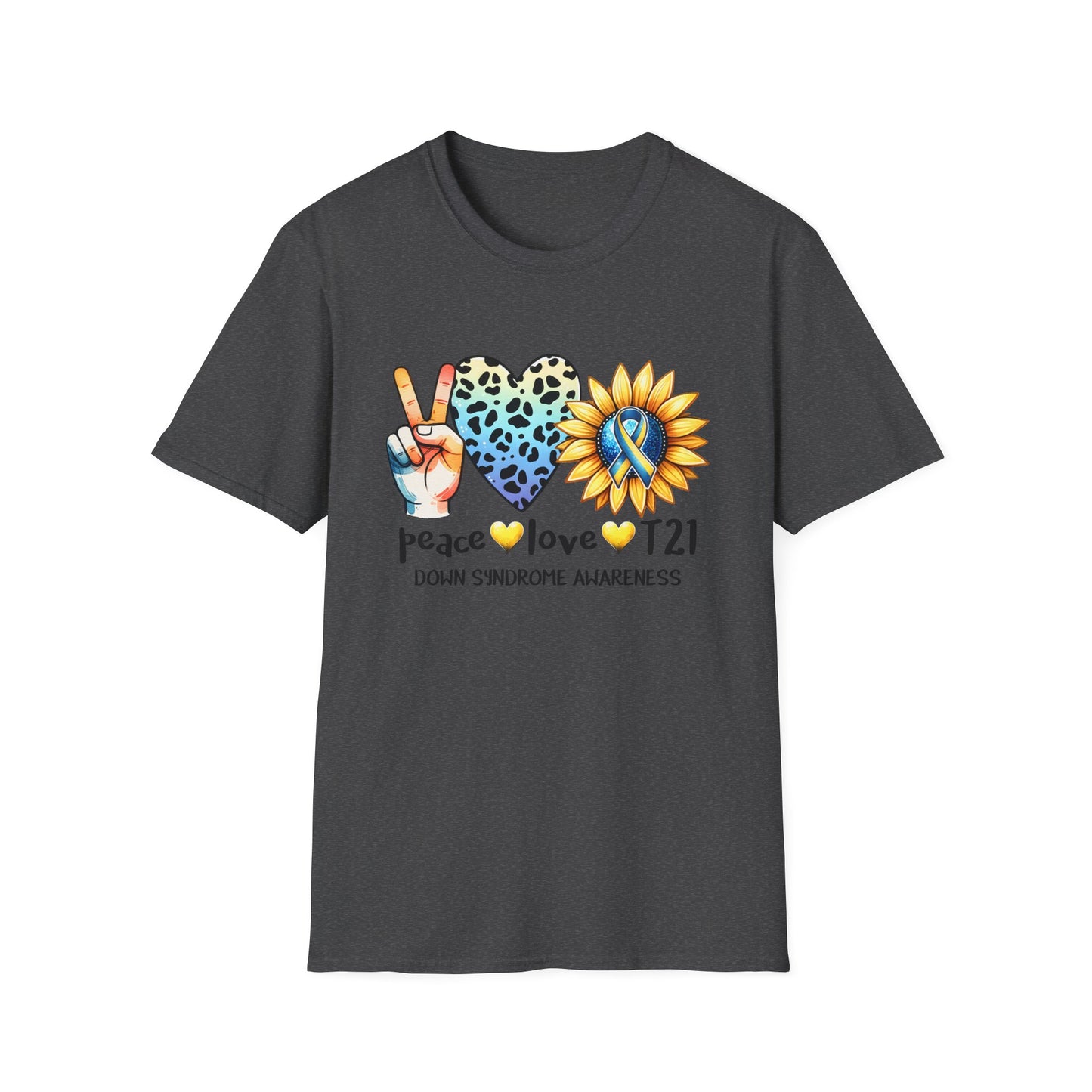 Down Syndrome Awareness T-Shirt, Unisex Graphic Tee, Peace Love T21 Casual Wear, Gift for Awareness Month, Sunshine Heart Design