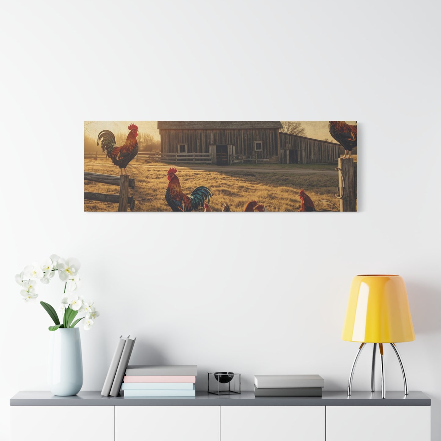 Rustic Morning Rooster Farm Matte Canvas Print
