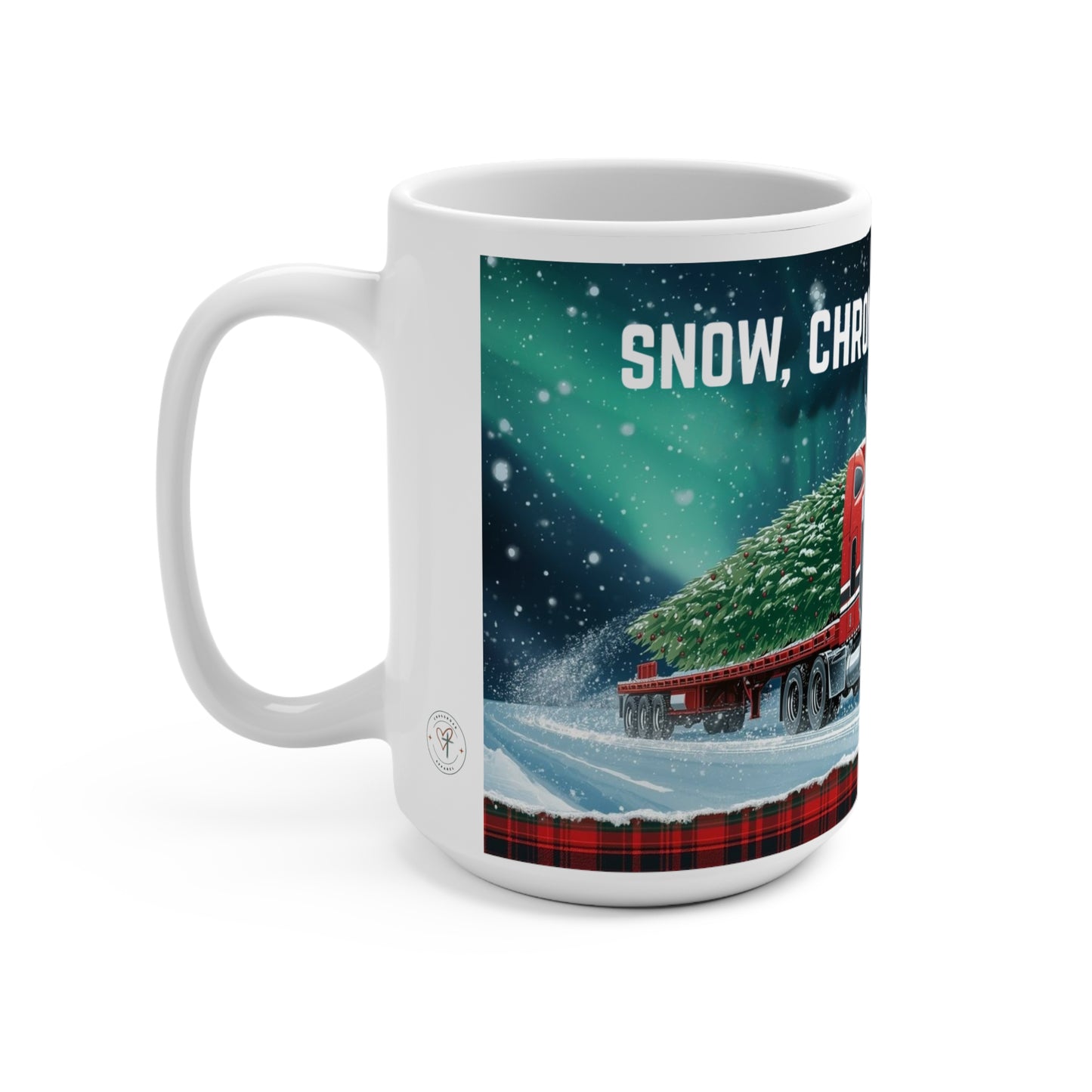 Trucking Christmas Mug - 15oz Holiday Coffee Cup with Chrome Truck Design