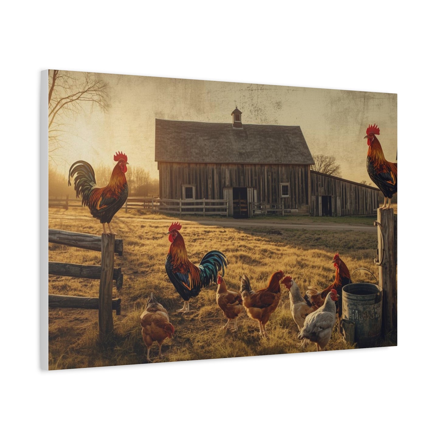 Rustic Morning Rooster Farm Matte Canvas Print