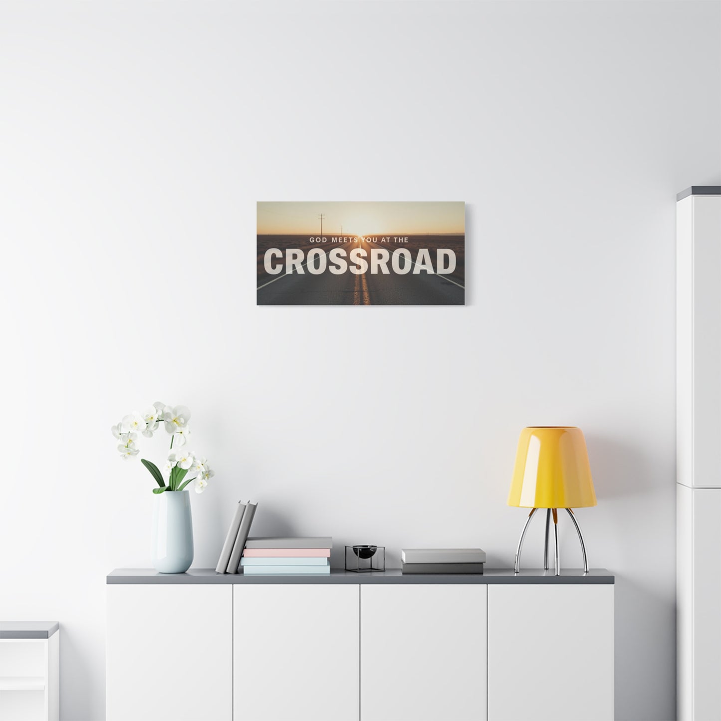 Crossroad Inspirational Canvas Print — “God Meets You at the Crossroad” Sunset Wall Art
