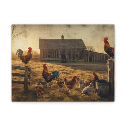 Rustic Morning Rooster Farm Matte Canvas Print