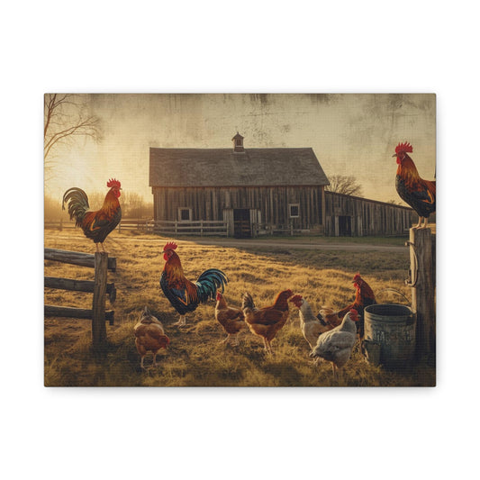 Rustic Morning Rooster Farm Matte Canvas Print
