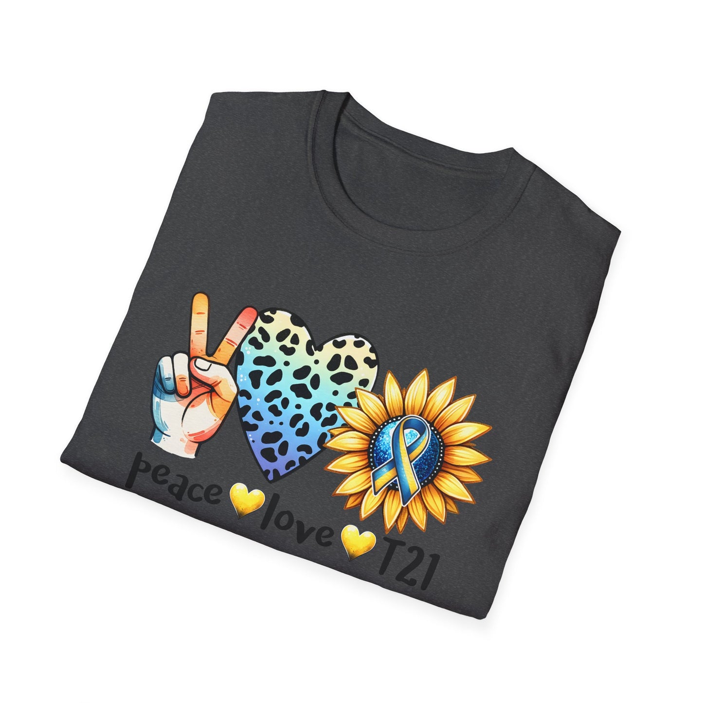 Down Syndrome Awareness T-Shirt, Unisex Graphic Tee, Peace Love T21 Casual Wear, Gift for Awareness Month, Sunshine Heart Design