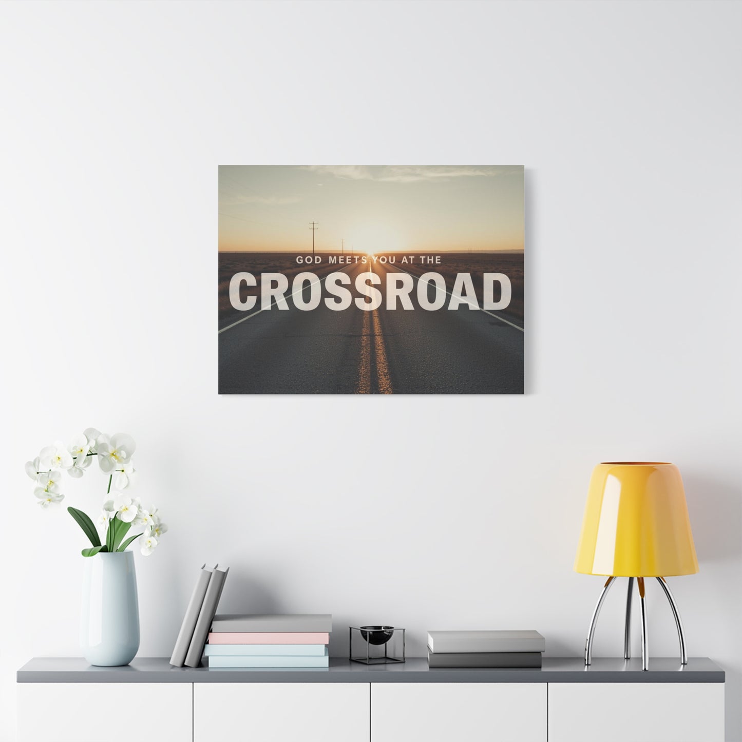 Crossroad Inspirational Canvas Print — “God Meets You at the Crossroad” Sunset Wall Art
