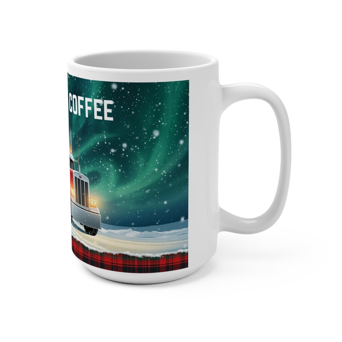 Trucking Christmas Mug - 15oz Holiday Coffee Cup with Chrome Truck Design