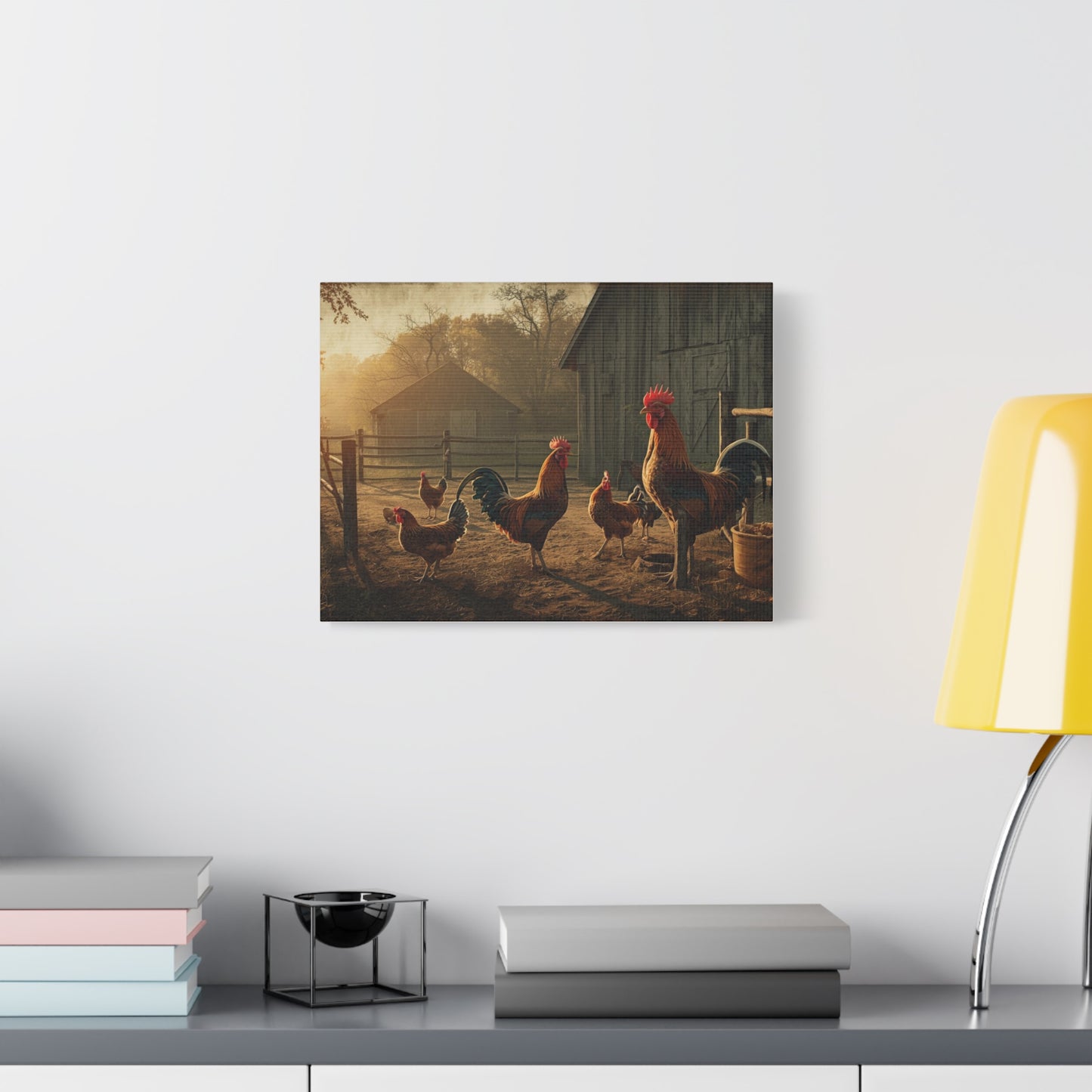 Rooster Farmhouse Canvas Print – Rustic Morning Barnyard Wall Art
