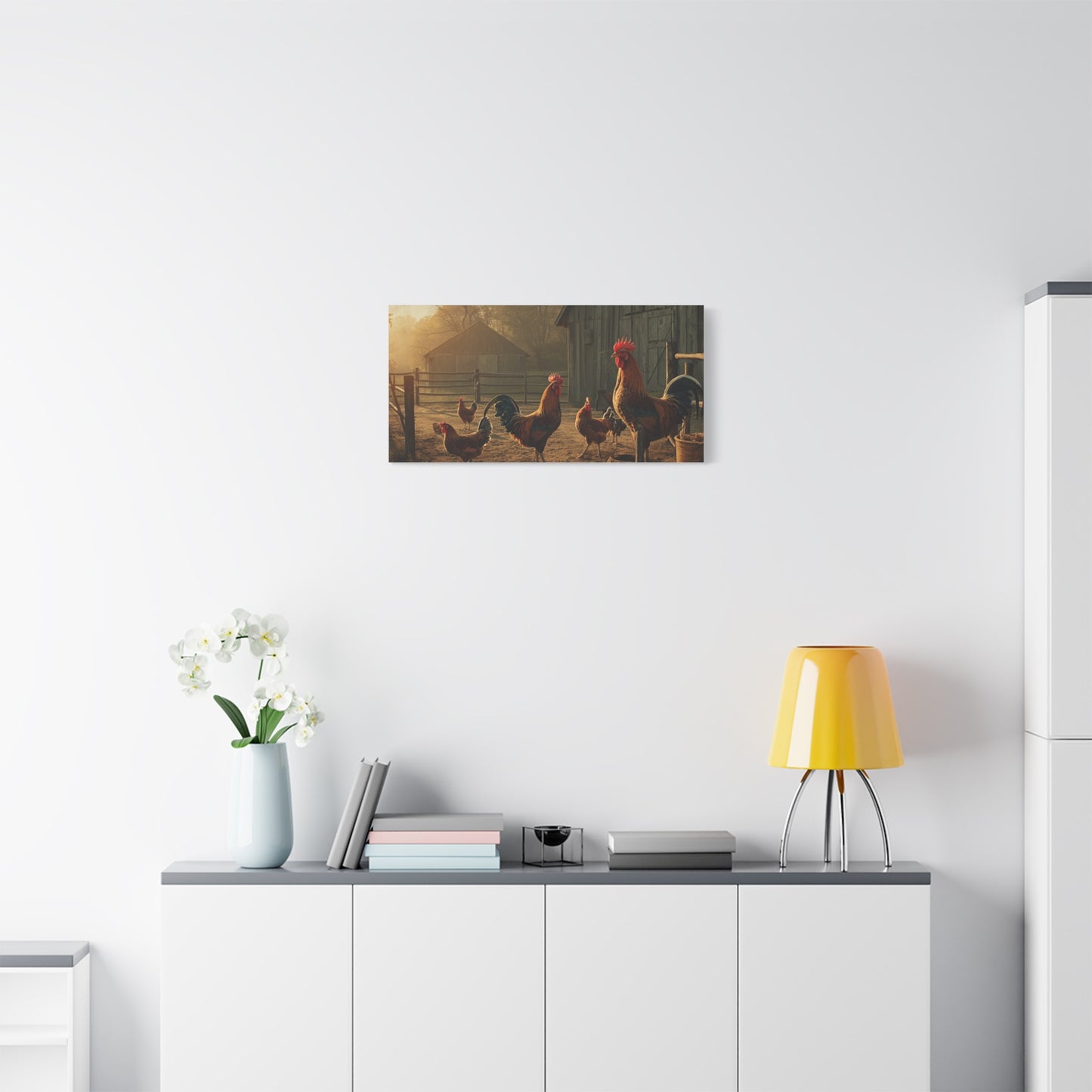 Rooster Farmhouse Canvas Print – Rustic Morning Barnyard Wall Art