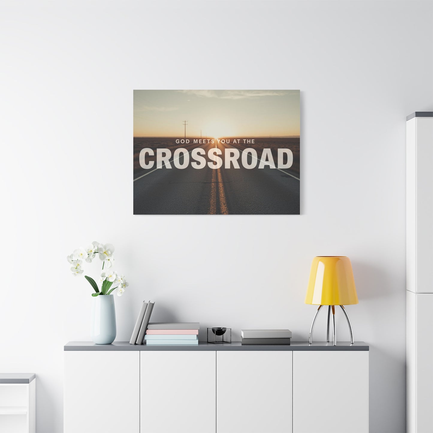 Crossroad Inspirational Canvas Print — “God Meets You at the Crossroad” Sunset Wall Art