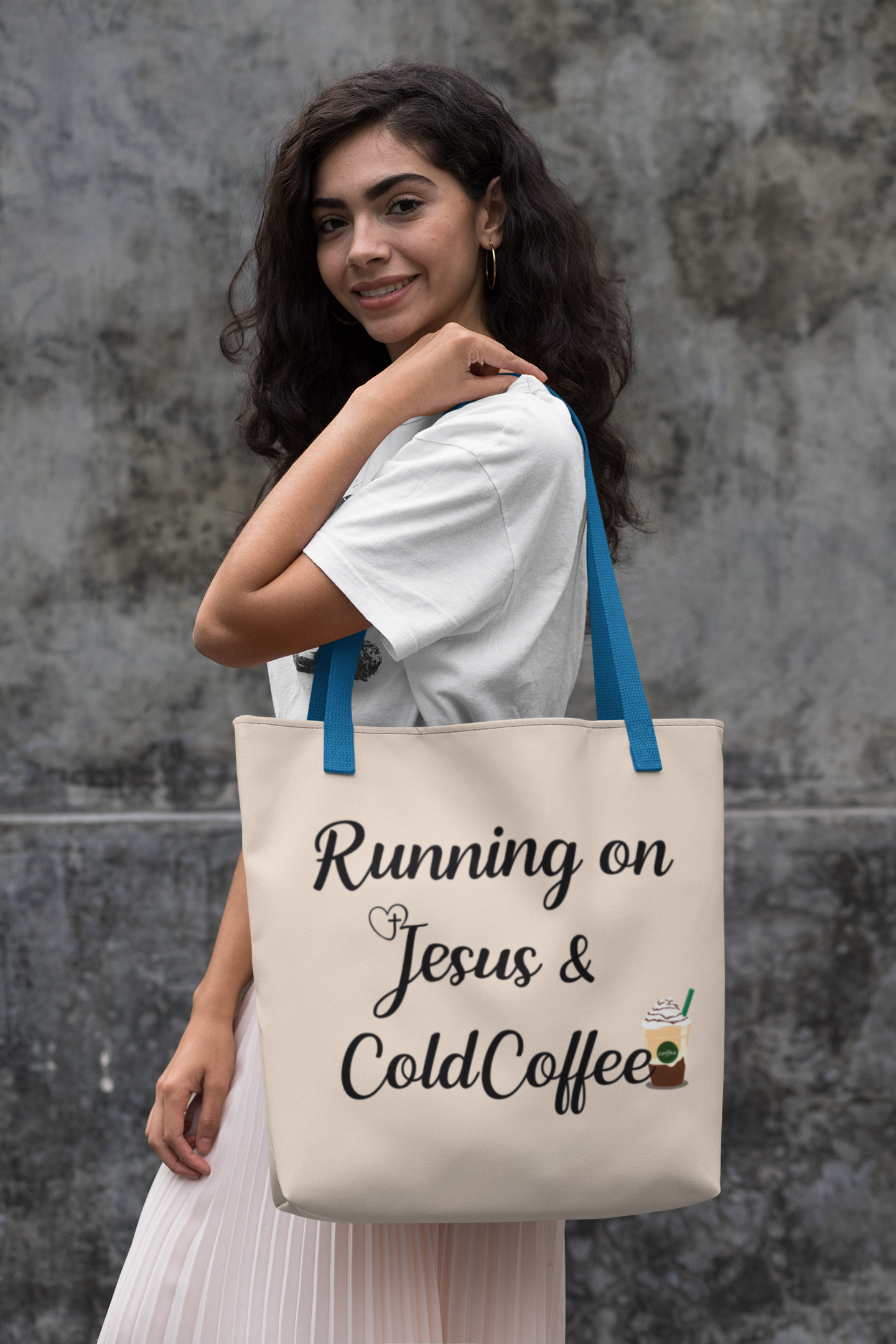 Tote Bag — "Running on Jesus & Cold Coffee" Christian Coffee Lover Tote