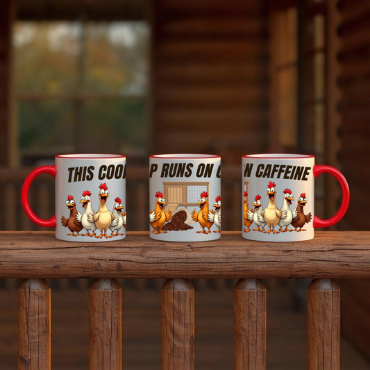 Accent Coffee Mug — “The Coop Runs on Caffeine” Funny Chicken Farm Coffee Mug