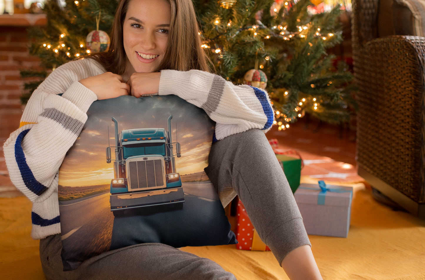 Semi Truck Sunset Faux Suede Pillowcase