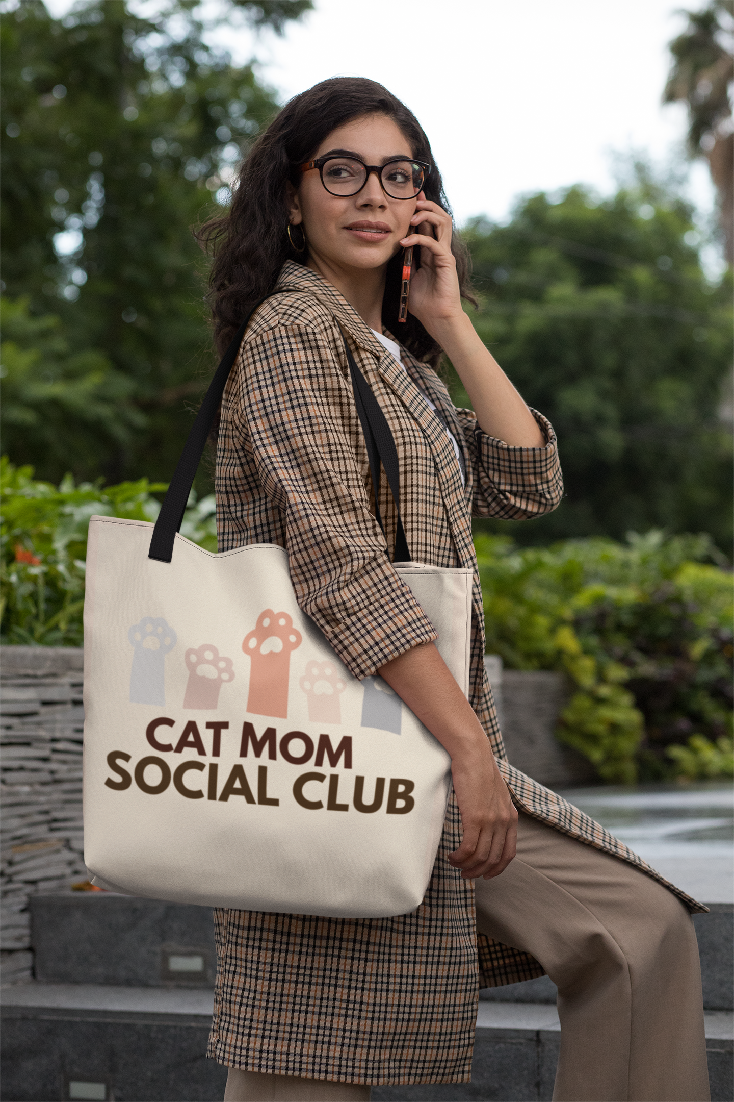 Cat Mom Social Club Tote Bag — Retro Paw Print Canvas Tote