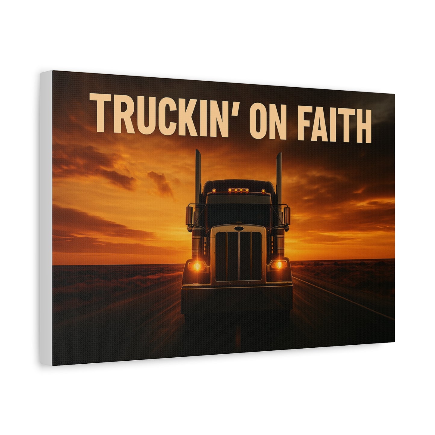 Truckin' On Faith Matte Canvas Wall Art — Semi Truck Sunset Print