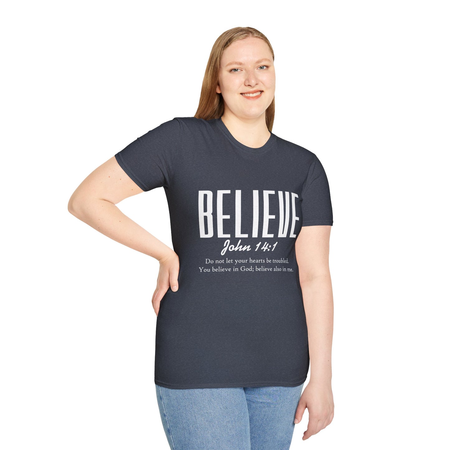 Inspirational T-Shirt: Believe John 14:1, Christian Gift, Faith Apparel, Motivational Tee, Religious Shirt