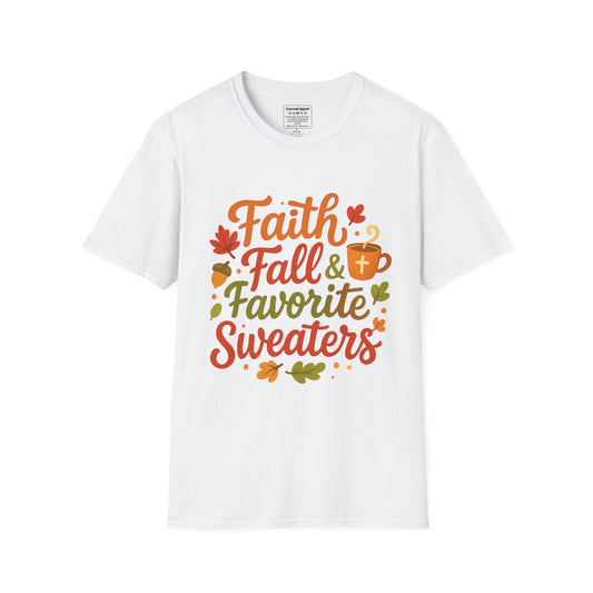 Autumn Faith Tee: Fall Favorite Sweaters, Unisex Softstyle T-Shirt, Thanksgiving Gift, Cozy Casual Wear, Faith-Based Apparel