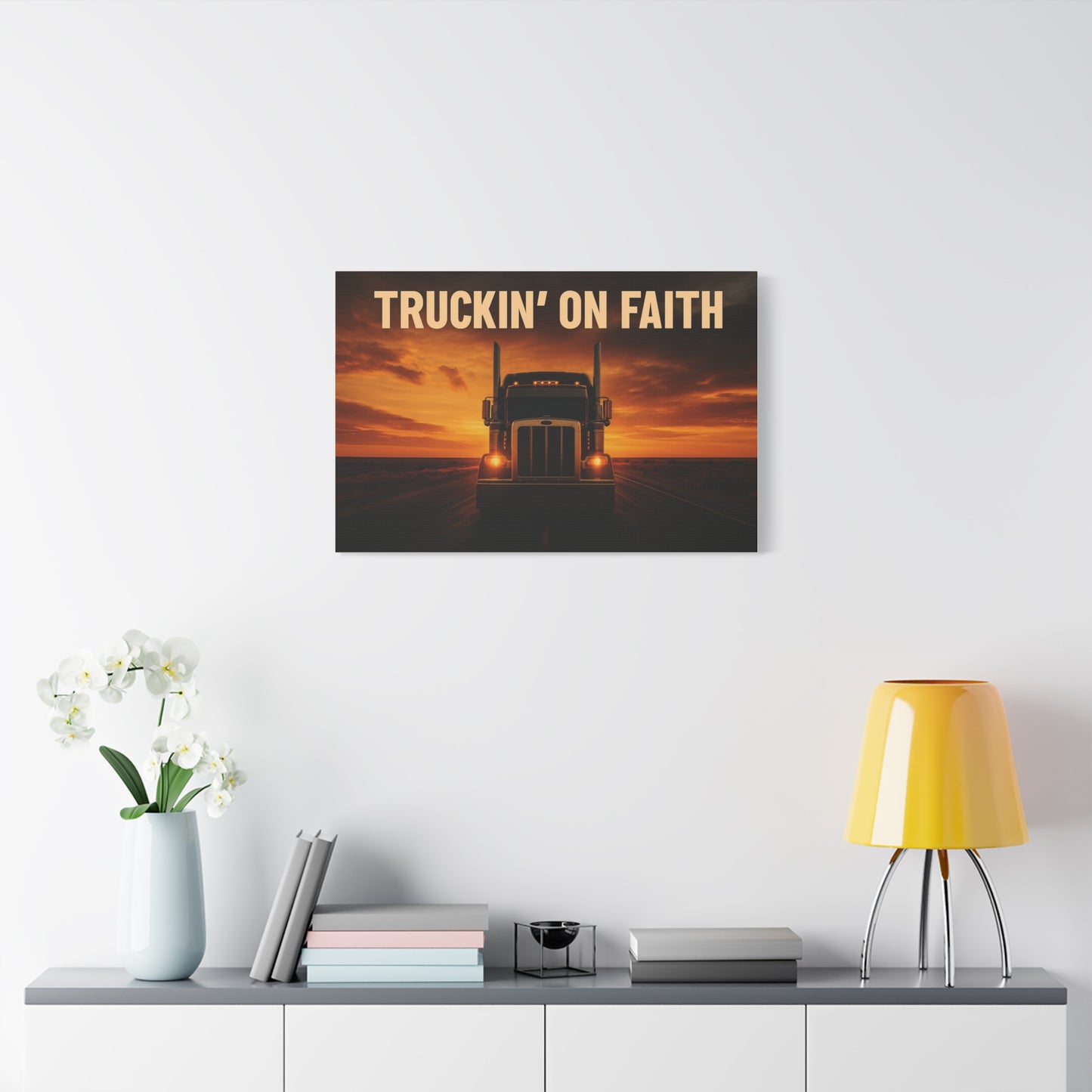 Truckin' On Faith Matte Canvas Wall Art — Semi Truck Sunset Print