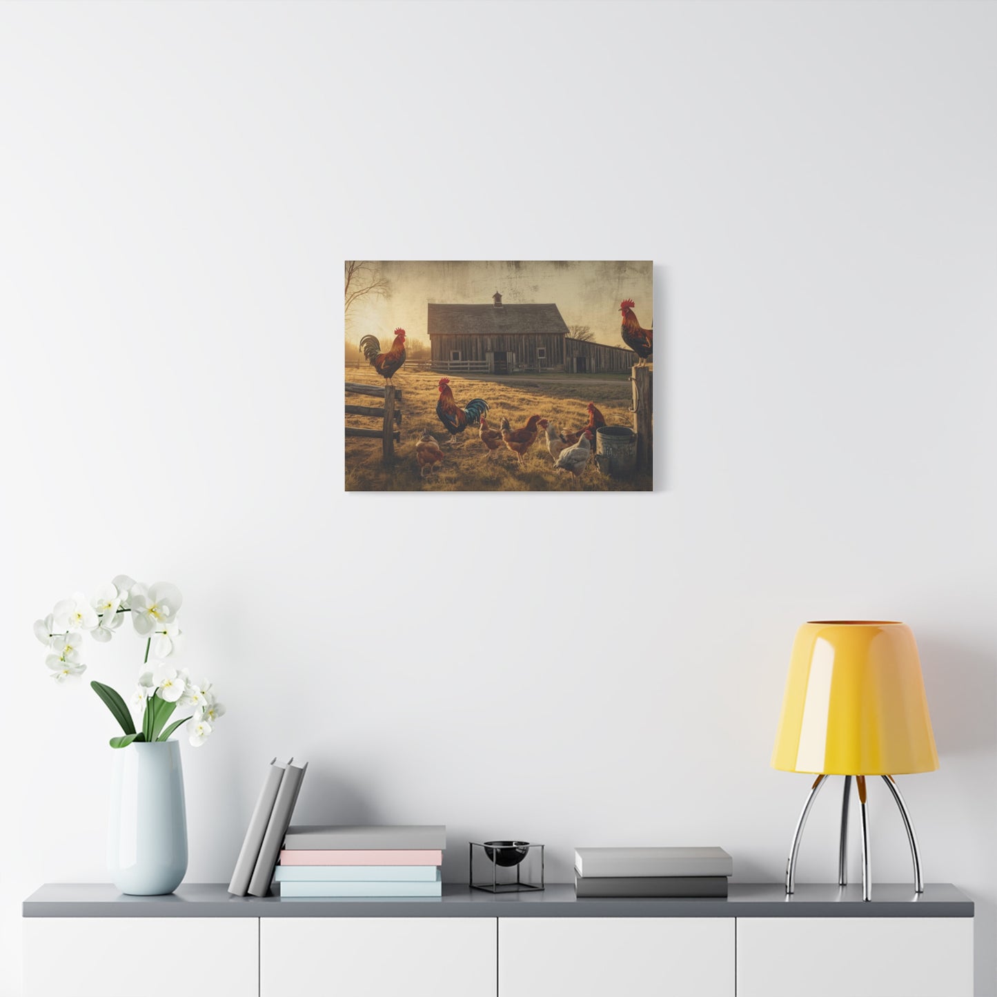 Rustic Morning Rooster Farm Matte Canvas Print