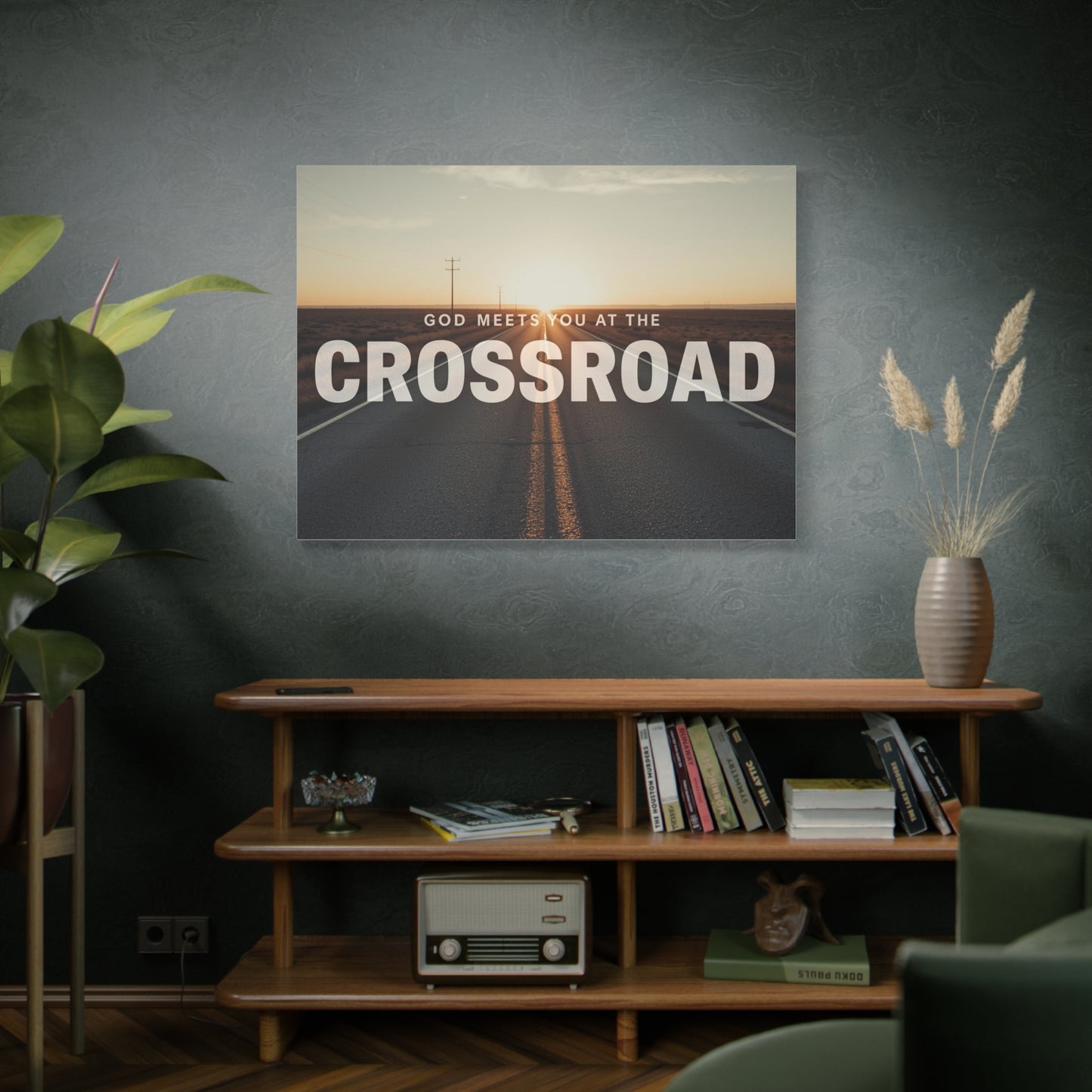 Crossroad Inspirational Canvas Print — “God Meets You at the Crossroad” Sunset Wall Art
