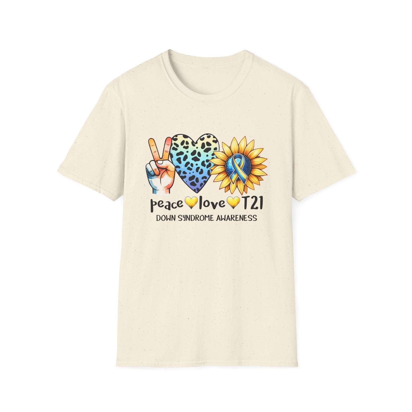 Down Syndrome Awareness T-Shirt, Unisex Graphic Tee, Peace Love T21 Casual Wear, Gift for Awareness Month, Sunshine Heart Design