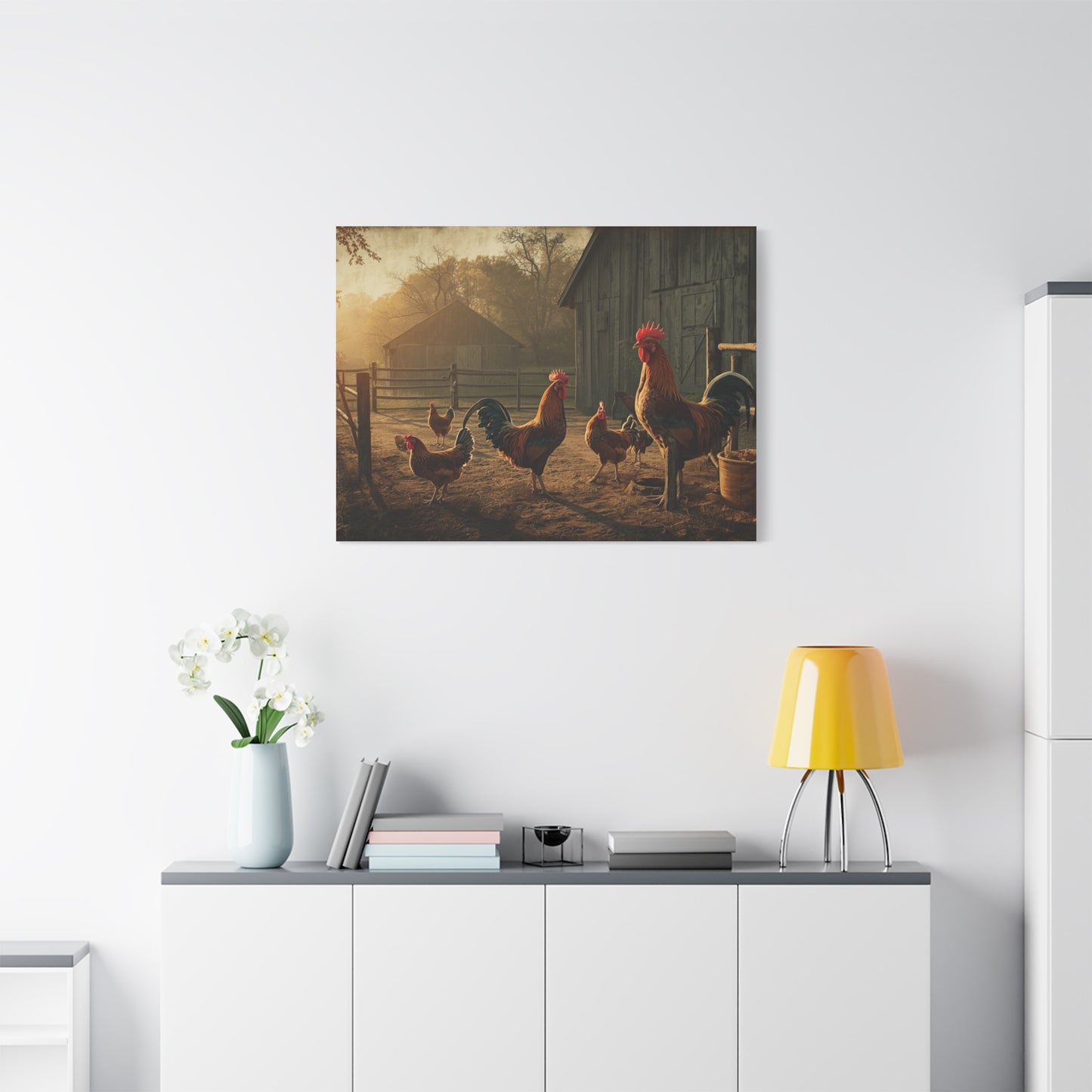Rooster Farmhouse Canvas Print – Rustic Morning Barnyard Wall Art