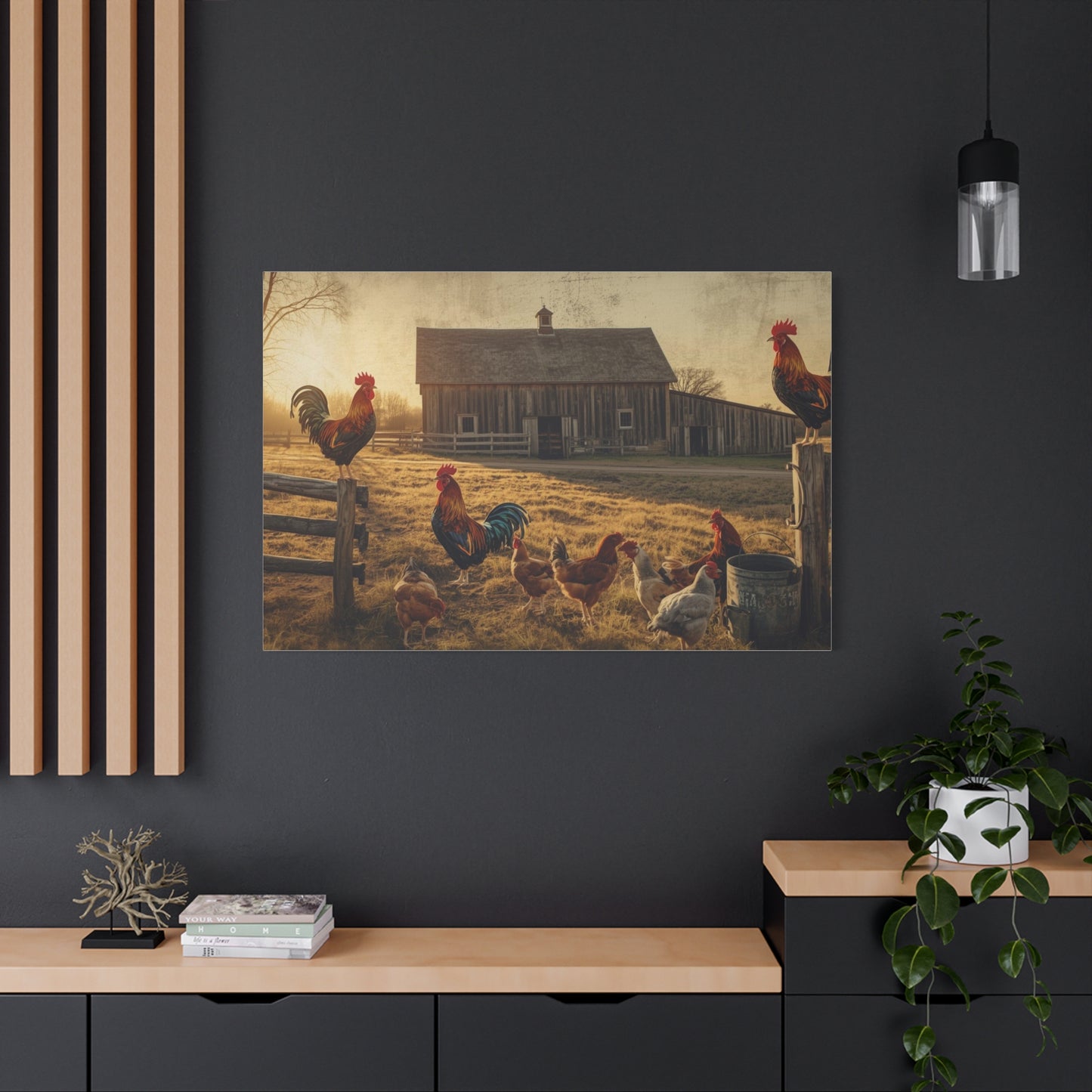 Rustic Morning Rooster Farm Matte Canvas Print