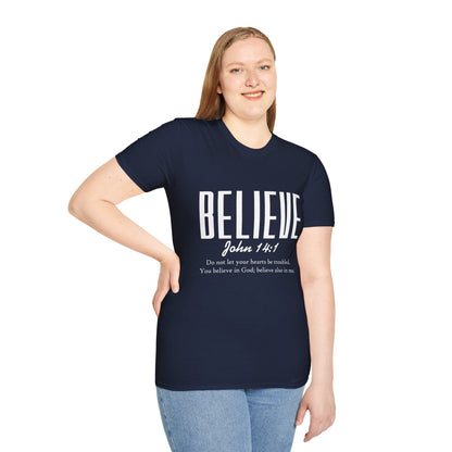 Inspirational T-Shirt: Believe John 14:1, Christian Gift, Faith Apparel, Motivational Tee, Religious Shirt