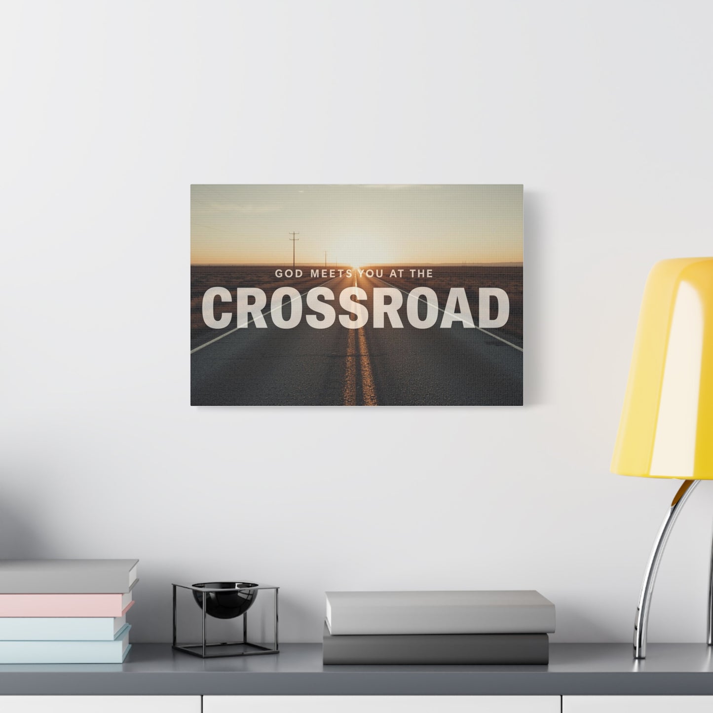 Crossroad Inspirational Canvas Print — “God Meets You at the Crossroad” Sunset Wall Art
