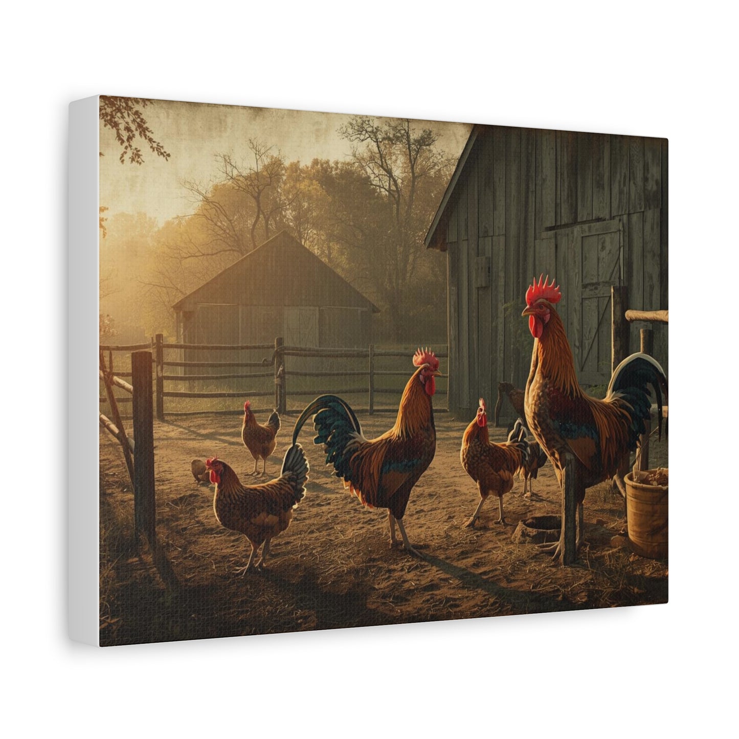 Rooster Farmhouse Canvas Print – Rustic Morning Barnyard Wall Art