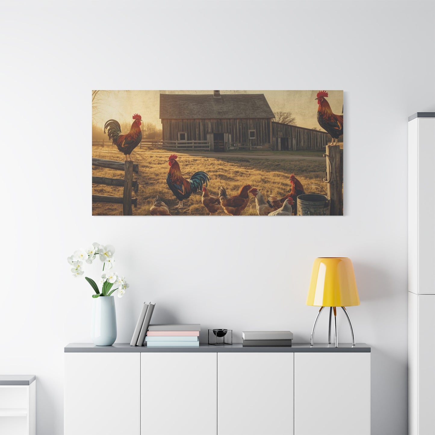 Rustic Morning Rooster Farm Matte Canvas Print