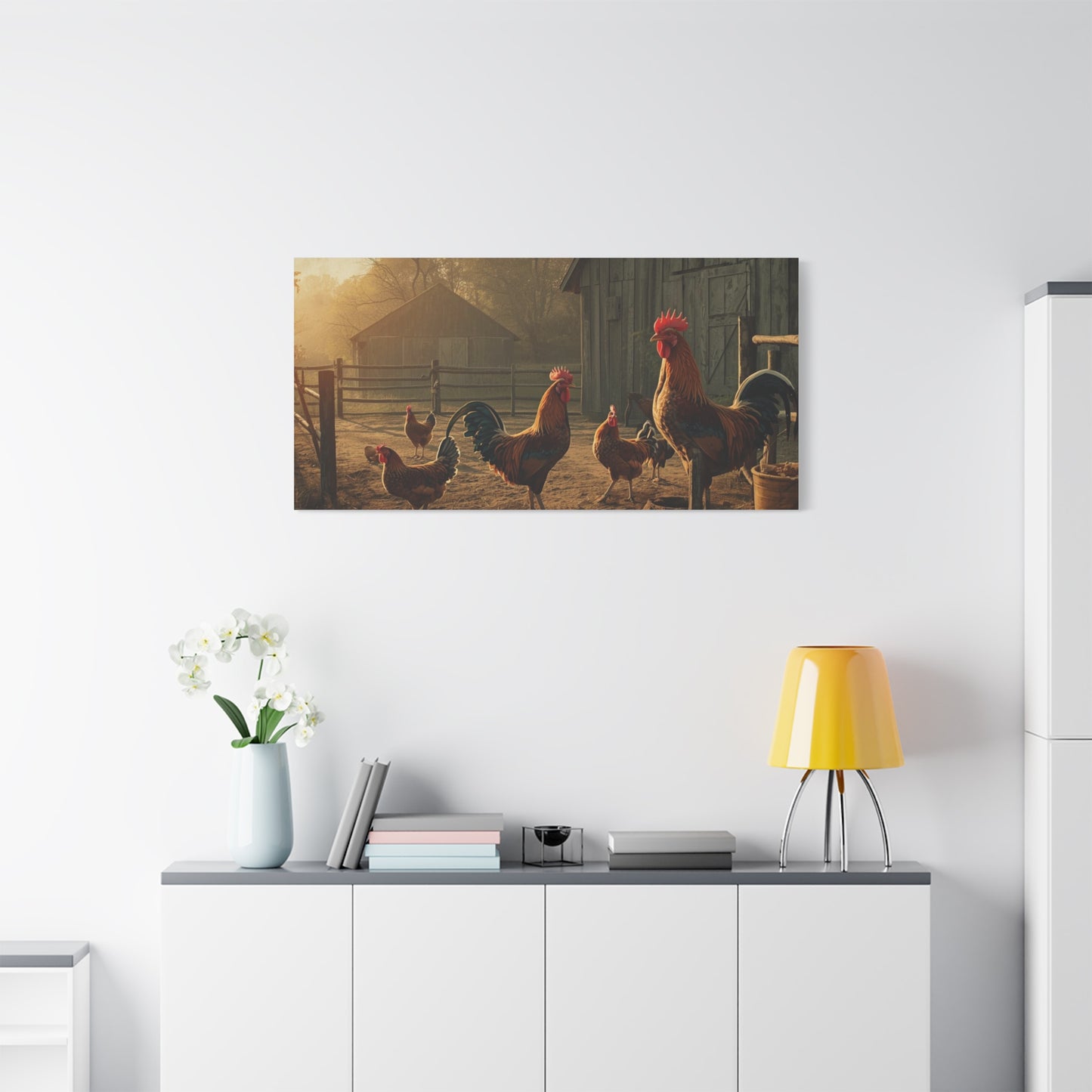 Rooster Farmhouse Canvas Print – Rustic Morning Barnyard Wall Art