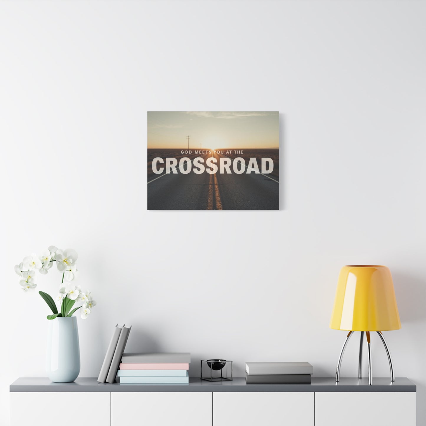 Crossroad Inspirational Canvas Print — “God Meets You at the Crossroad” Sunset Wall Art